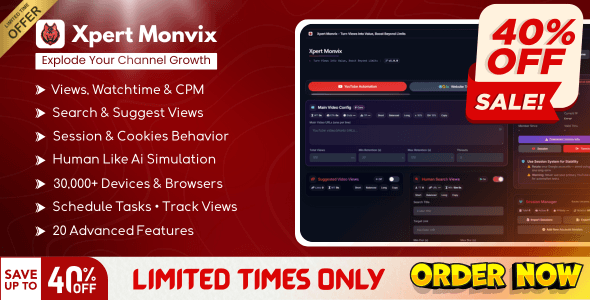 Xpert Monvix - YouTube Views Watchtime Automation & Web Traffic Tool with Free Proxies, Cookies