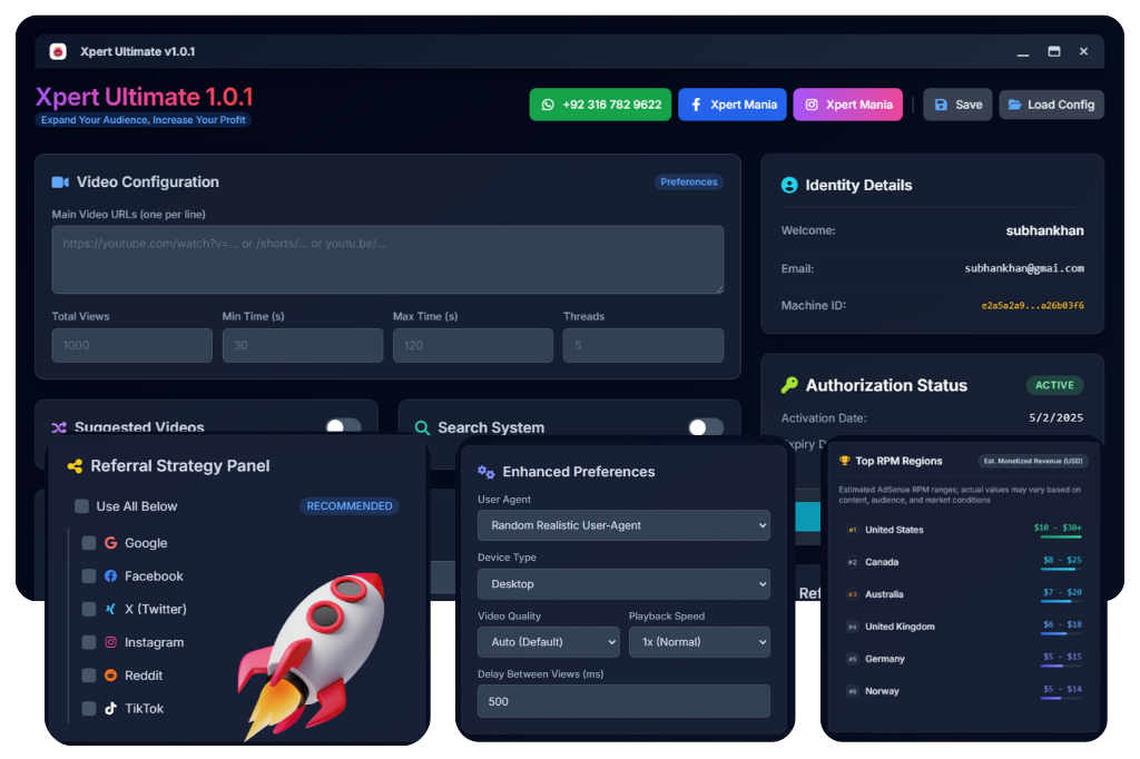 Xpert Ultimate – YouTube automation tool dashboard