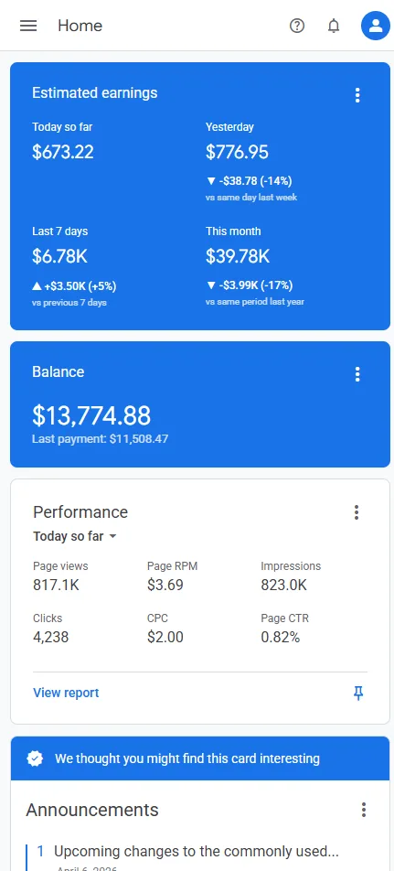 AdSense earnings proof: $39.78K this month