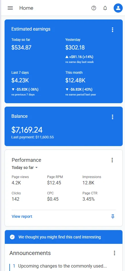 AdSense earnings proof: $12.45 page RPM